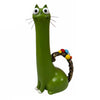 A whimsical resin cat flower vase in bright green with large eyes and long whiskers.
