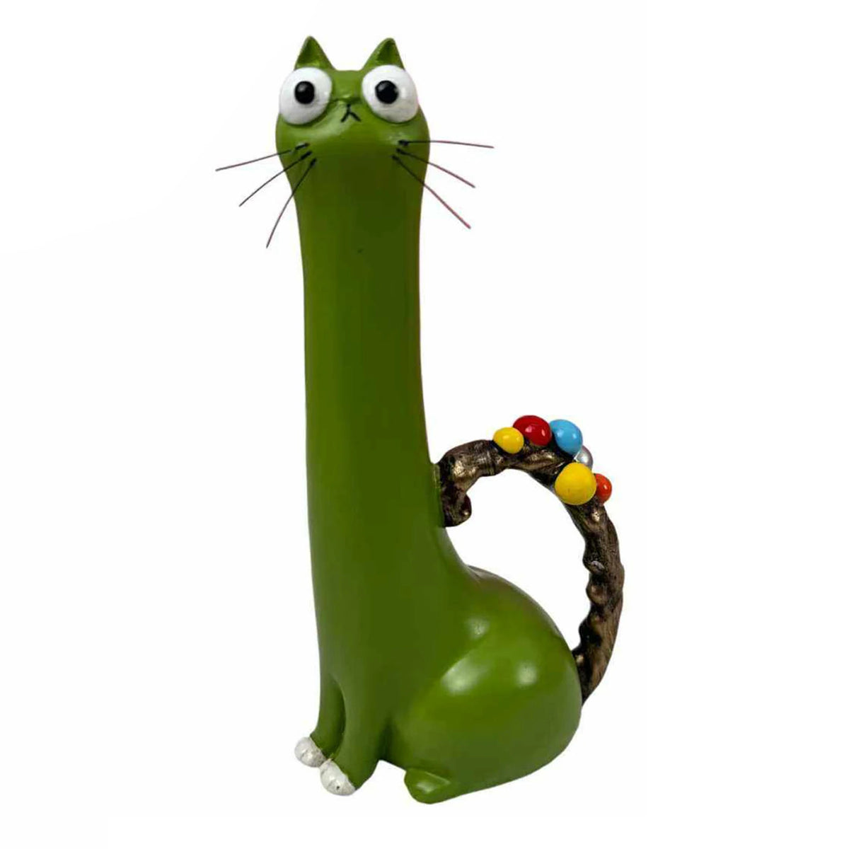 A whimsical resin cat flower vase in bright green with large eyes and long whiskers.