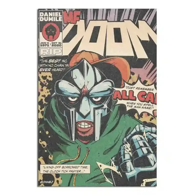 A canvas art poster featuring a stylized illustration of MF DOOM with a menacing mask and dark colors.