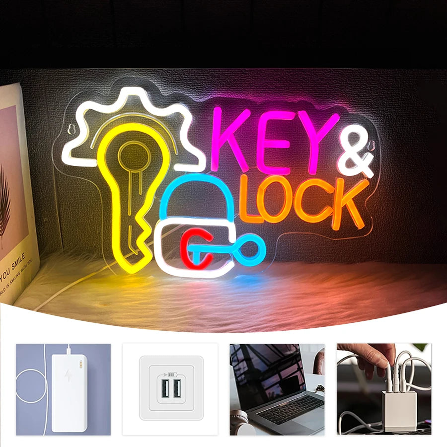 Neon wall sign displaying the text KEY & LOCK with a glowing yellow key and padlock icon.