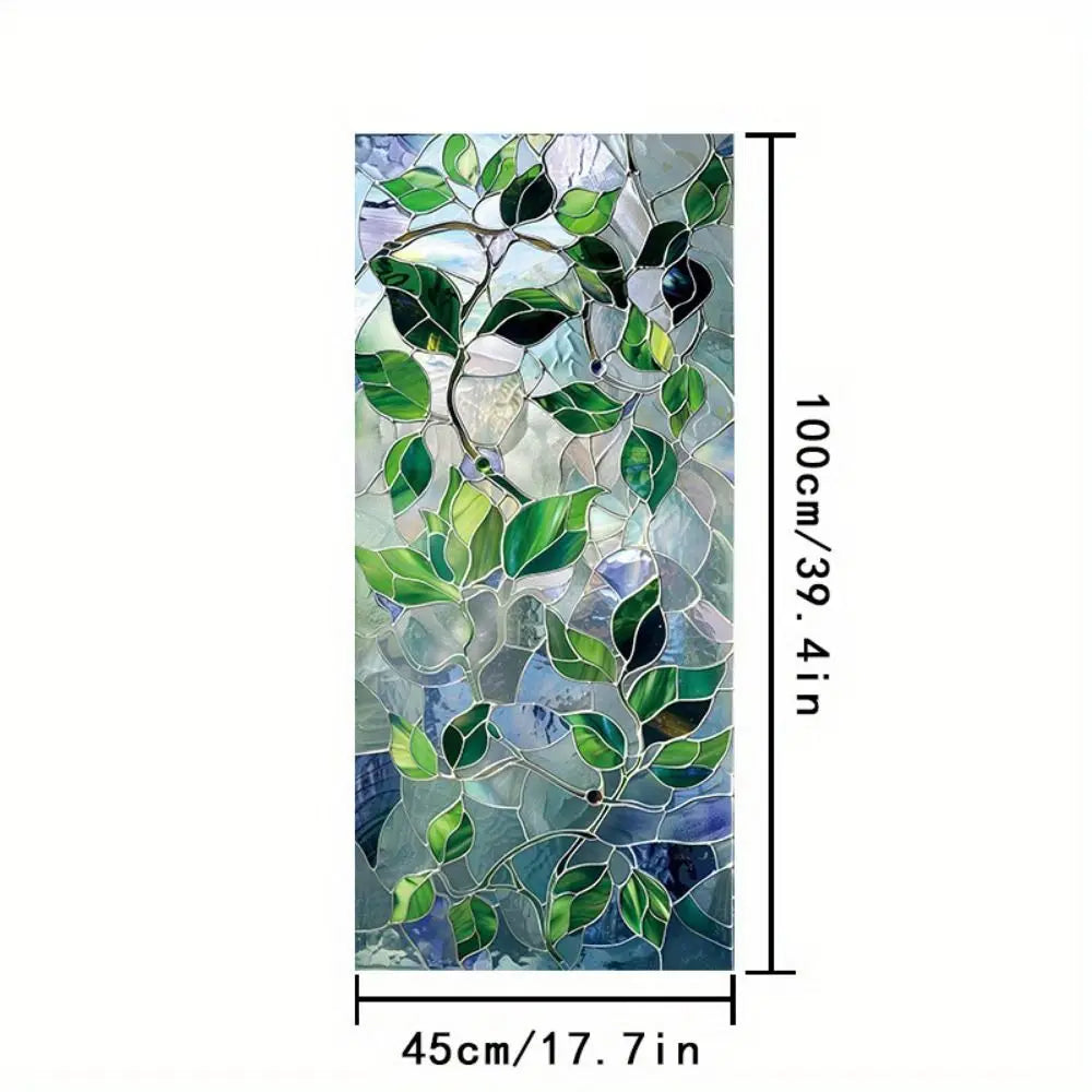 A vertical panel of retro European green leaf privacy window film featuring lush green leaves and blue-gray glass patterns.