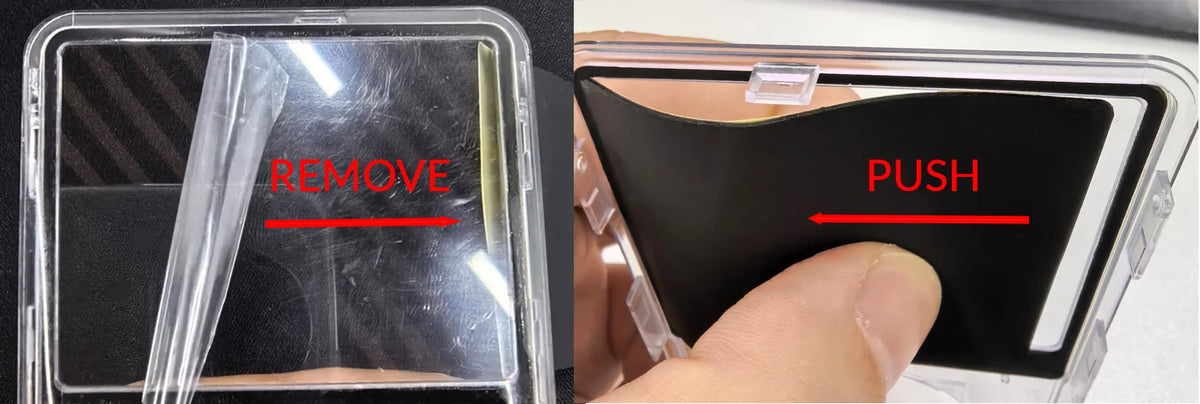 A close-up of an iPod Classic front faceplate and clickwheel replacement kit showing instructions to remove and push the comp