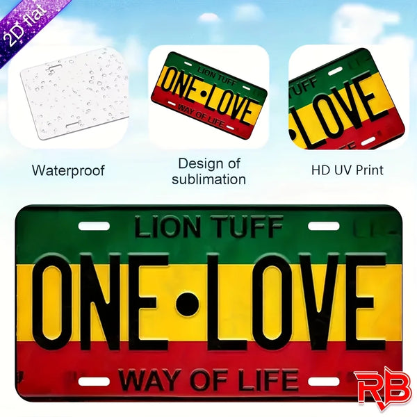 A green and yellow Lion TUFF sign with the text ONE LOVE WAY OF LIFE on a red background.