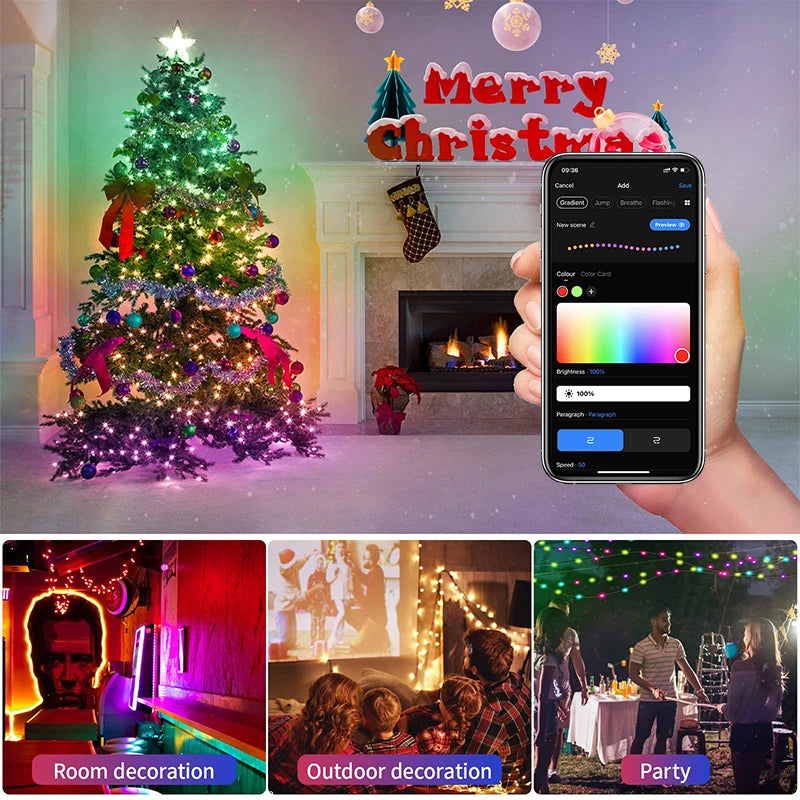 A hand holds a smartphone displaying an app interface, with a brightly lit Christmas tree and festive decorations in the back