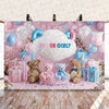 A gender reveal party decoration set featuring pink and blue balloons, a cloud backdrop, and teddy bears.