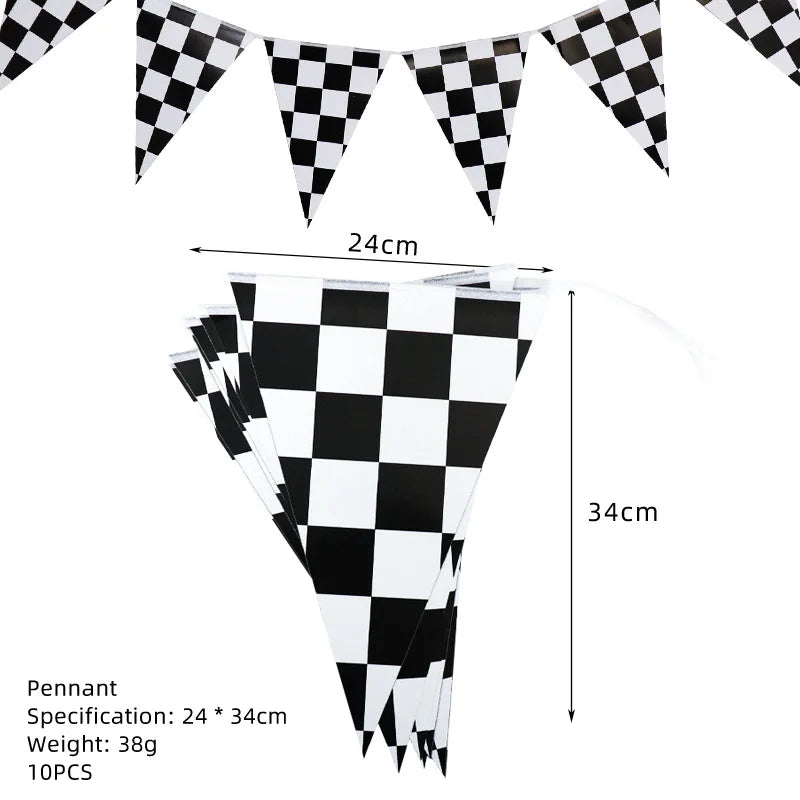 Black and white checkered pennant banner decoration kit with tableware and backdrop