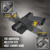 A black universal holster designed to fit most known guns, shown with an inset of the product and usage instructions.