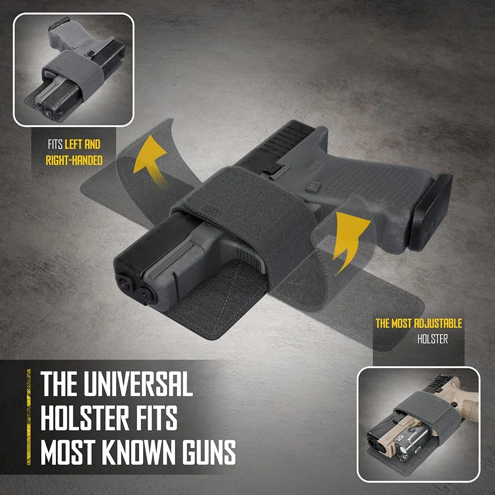 A black universal holster designed to fit most known guns, shown with an inset of the product and usage instructions.