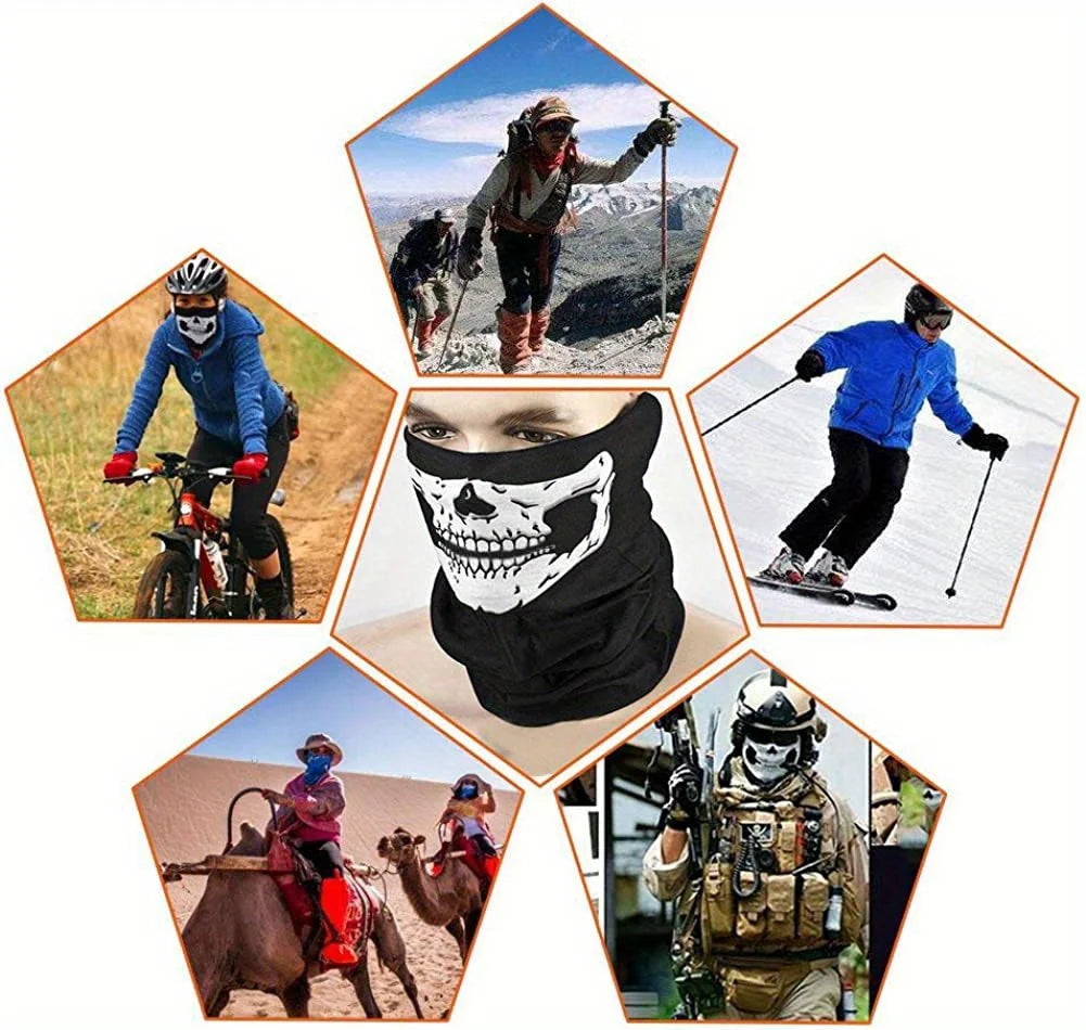 Collage de personnes faisant des activités de plein air, incluant escalade, cyclisme et une personne portant un crâne