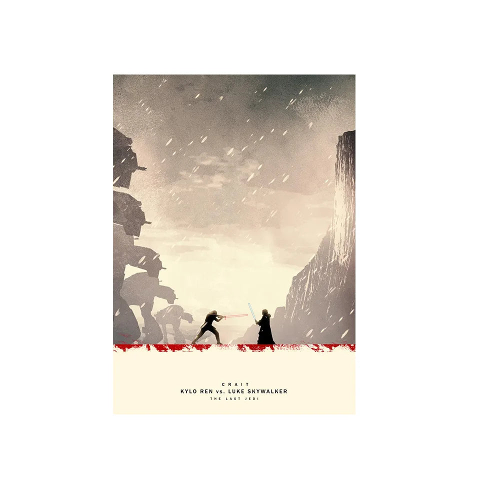 A dramatic, monochrome painting depicting a duel between Kylo Ren and Luke Skywalker against a stormy sky.