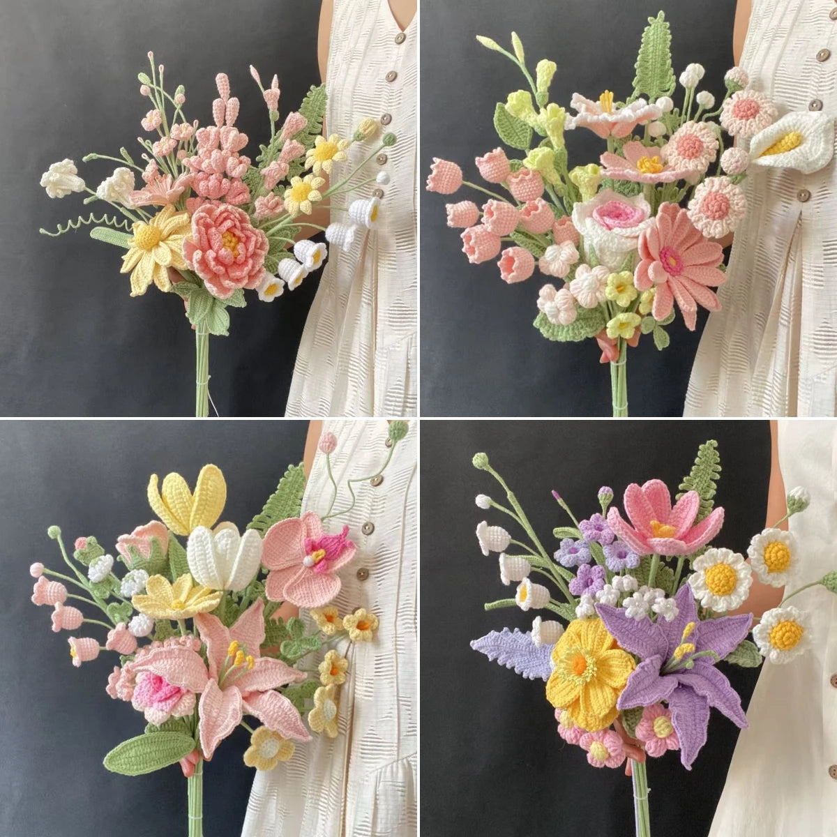Handmade crochet flower bouquet featuring pink, yellow, and purple peony, tulip, and rose décor.
