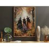 A vertical canvas painting depicting three dark witches in pointy hats standing in an autumn forest with yellow and orange le