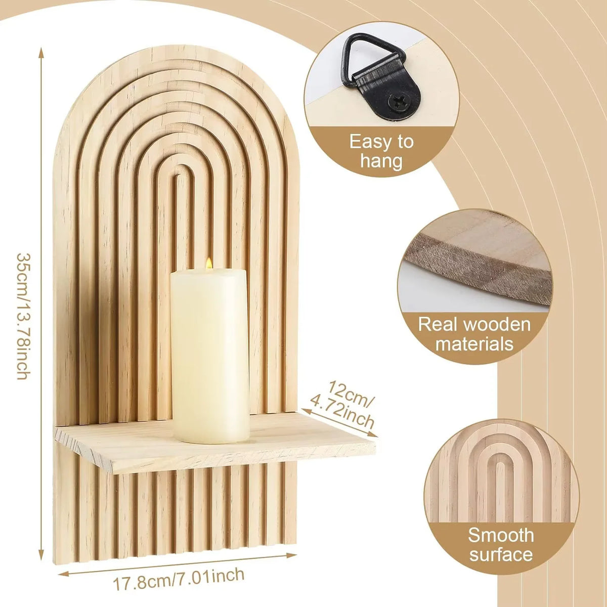 A tall cylindrical candle holder made of light wood with a slotted design, featuring a hanging loop and smooth surface.