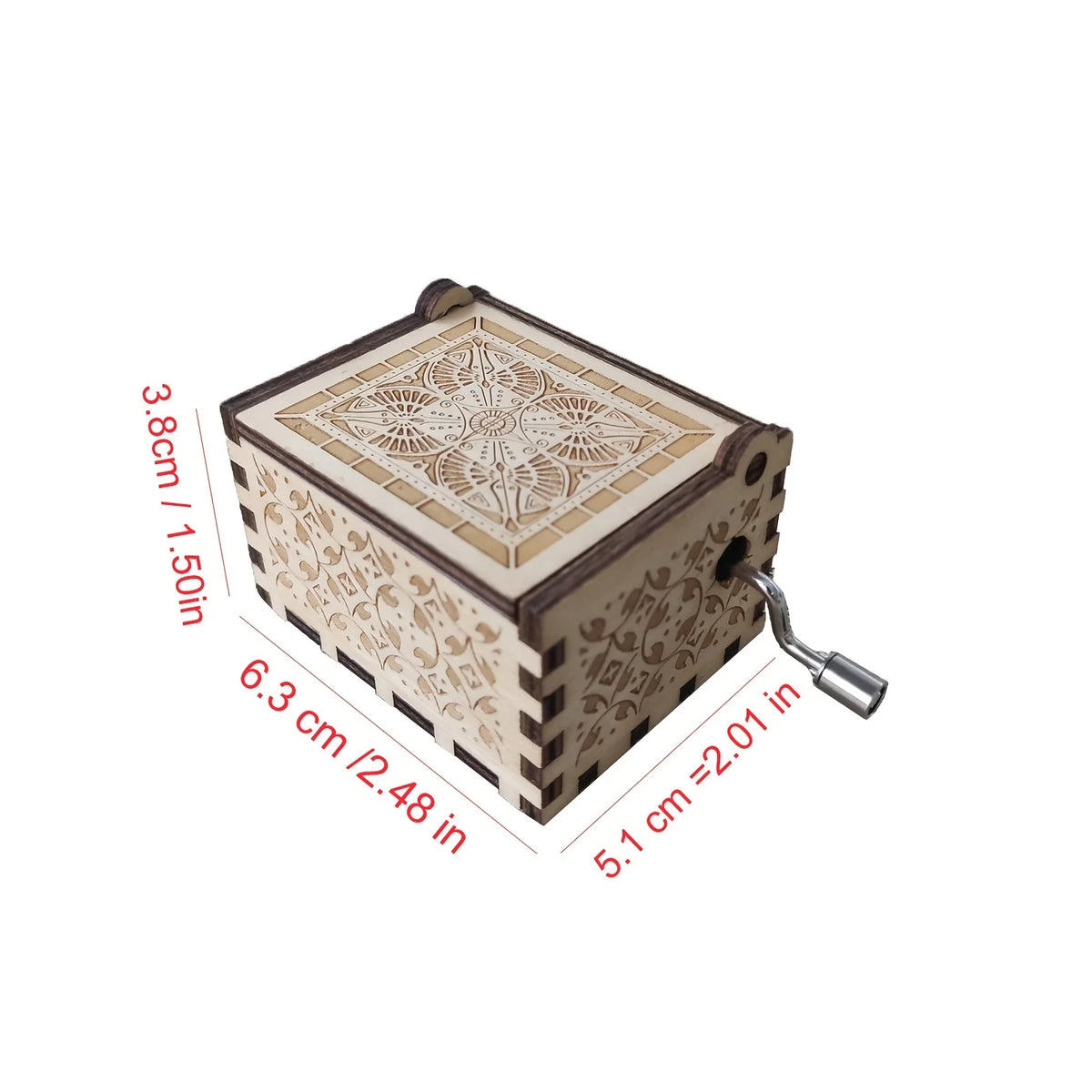 Antique carved wooden music box with a light brown finish and intricate geometric patterns.