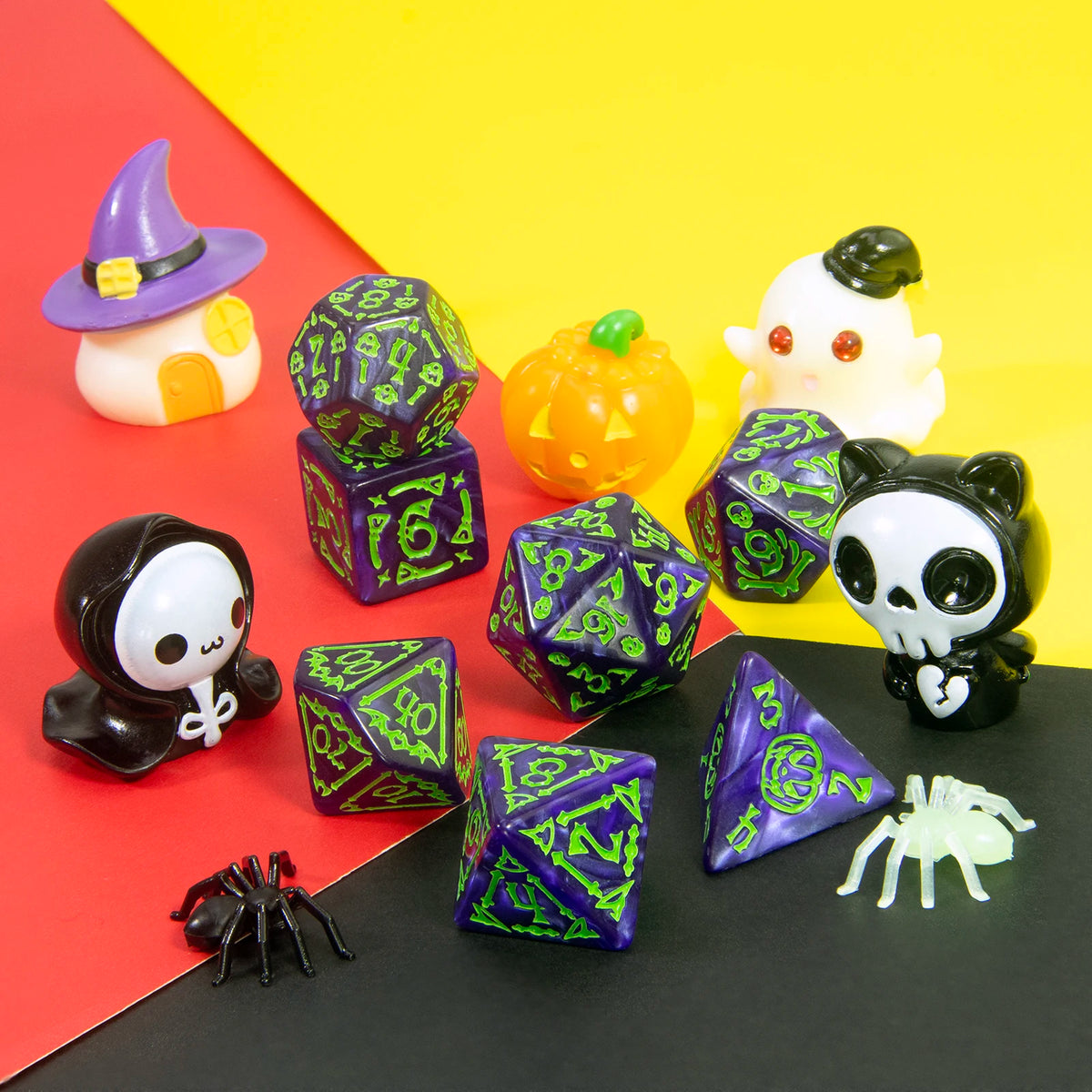 A set of seven polyhedral dice in various colors and shapes including a witch hat, pumpkin, and skull.