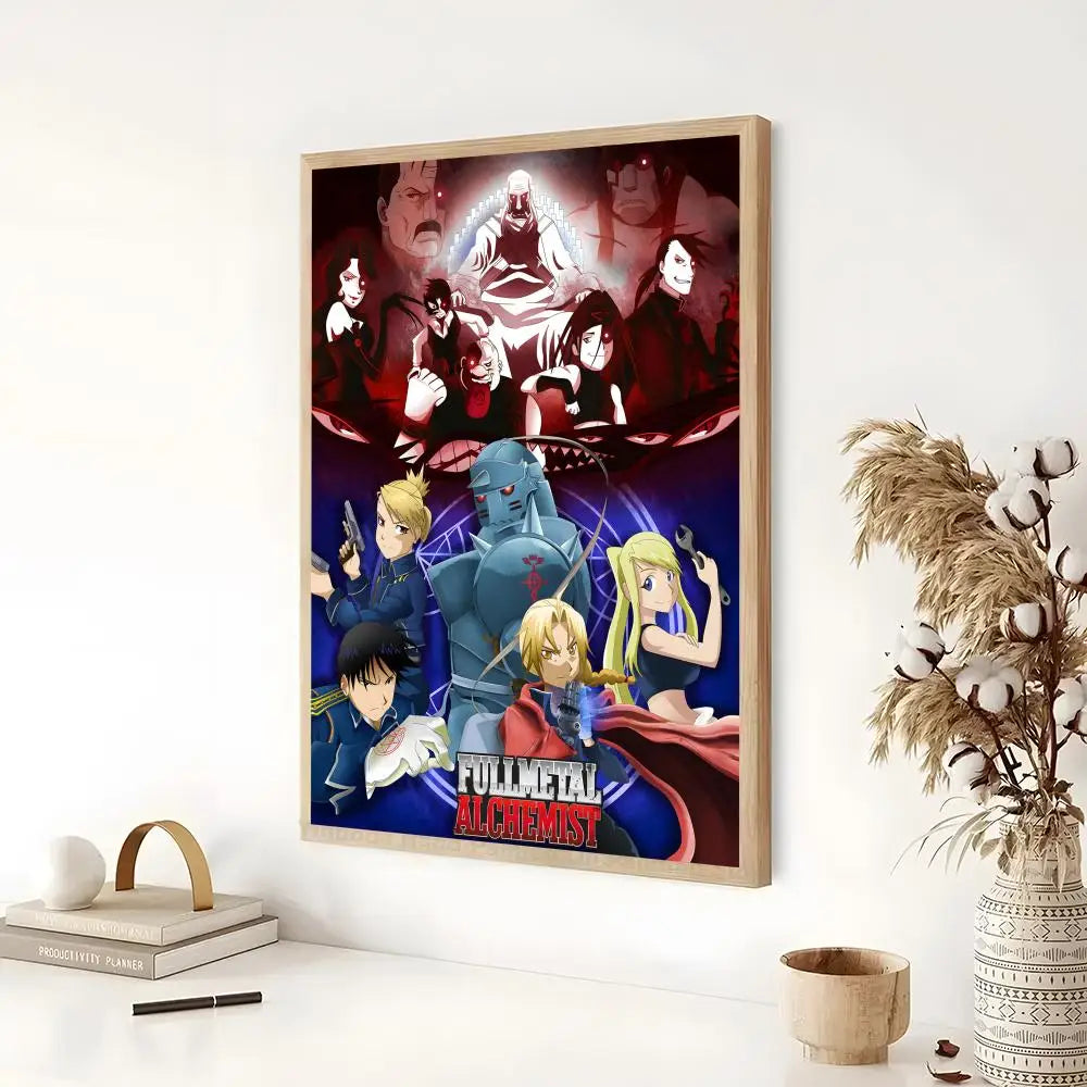 Anime poster featuring characters from Fullmetal Alchemist in a dramatic style, displayed on a white wall.