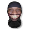 A person wearing a black beanie and a prosthetic mask with exaggerated, wide teeth for cosplay or party fun.