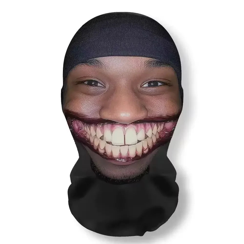 A person wearing a black beanie and a prosthetic mask with exaggerated, wide teeth for cosplay or party fun.
