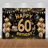 A black and gold balloon backdrop for a 60th birthday, featuring stars, garlands, and balloons.