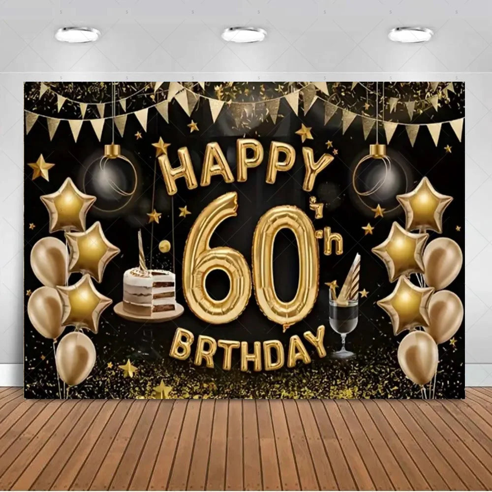 A black and gold balloon backdrop for a 60th birthday, featuring stars, garlands, and balloons.