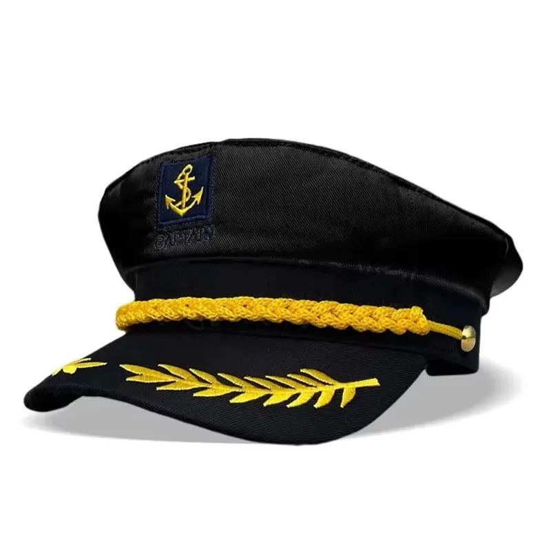 Black captain's hat with gold embroidery and a matching scarf set