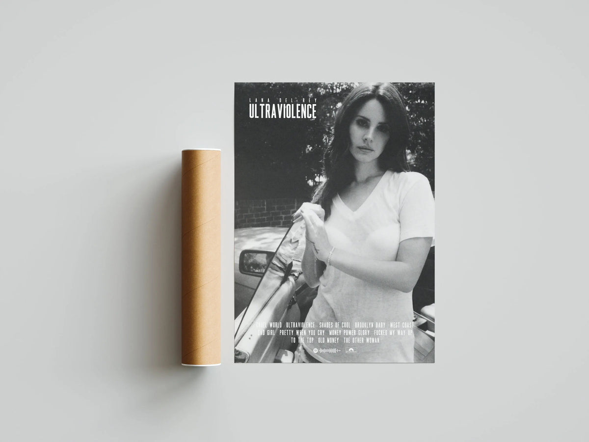 A black and white photograph of a woman looking directly at the camera, titled Ultraviolence.