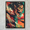 A striking poster featuring a fierce, stylized character with sharp teeth and intense eyes against a vibrant teal and red bac