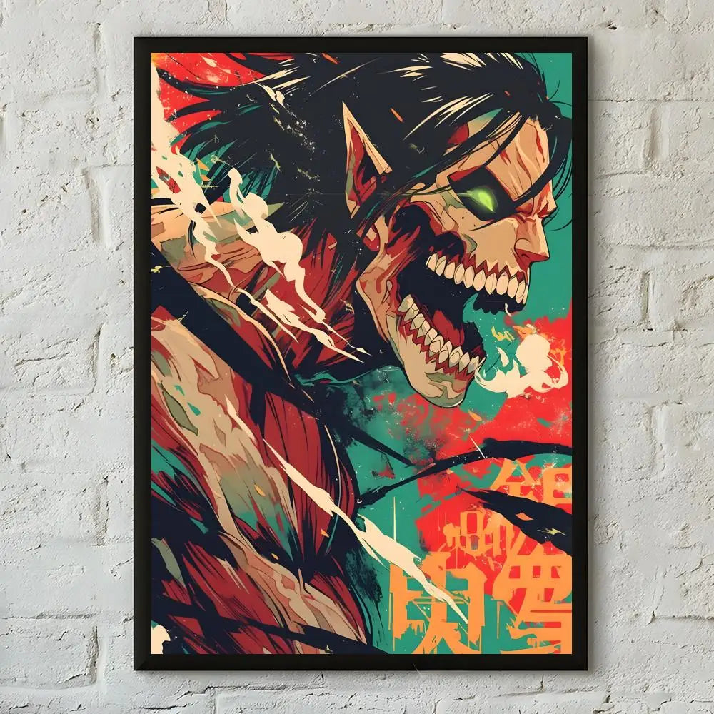 A striking poster featuring a fierce, stylized character with sharp teeth and intense eyes against a vibrant teal and red bac