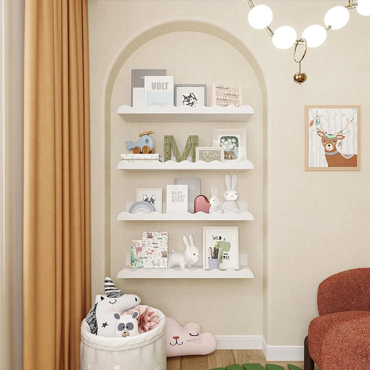A set of two wavy wooden floating shelves mounted on a cream-colored wall with decorative items.