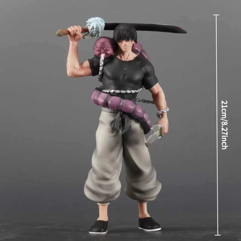 A figurine of Suguru Geto from Jujutsu Kaisen, dressed in dark clothing and holding a large sword.