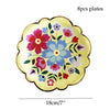 Eight floral disposable plates in shades of pink, blue, and yellow for parties