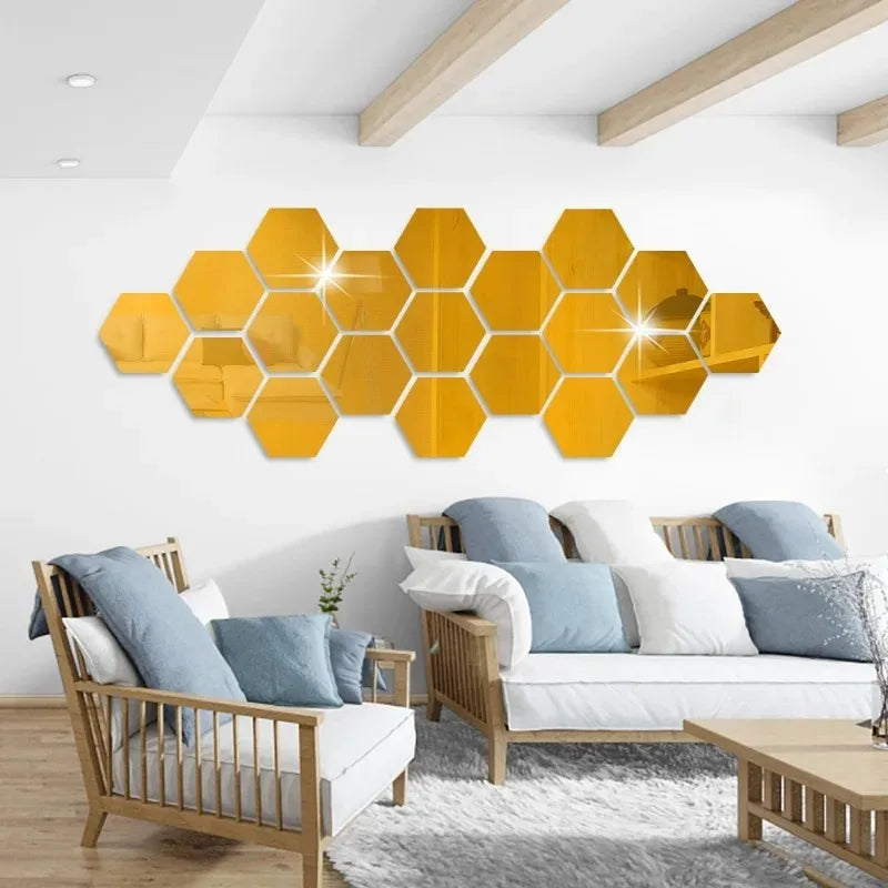 A modern living room featuring a wall decorated with a geometric pattern of yellow hexagon mirror stickers.