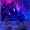 A purple and pink UV reactive game controller tapestry displayed in a dark room setting.