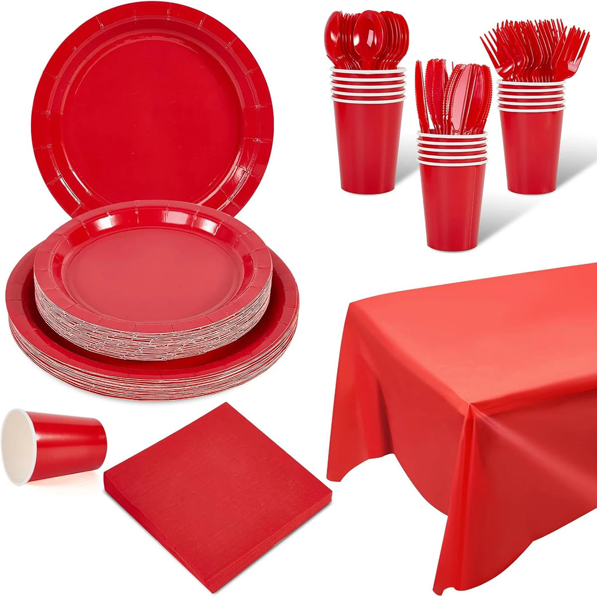 A red paper party tableware set including dinner plates, napkins, cups, and cutlery.