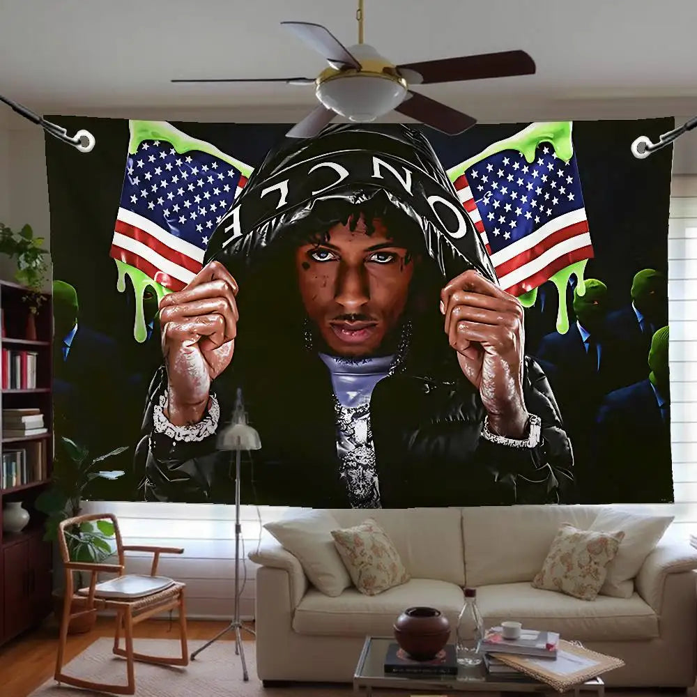 A large banner featuring a portrait of a man wearing a black hat and patriotic flags.