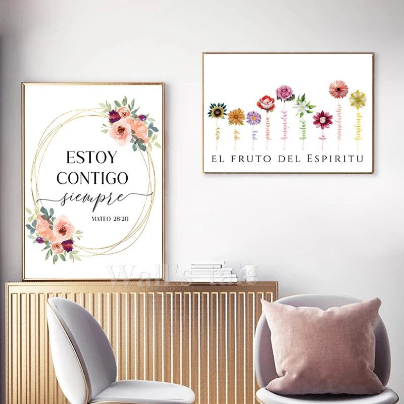 Modern canvas wall art featuring a Spanish Bible verse with floral elements and a gold frame.