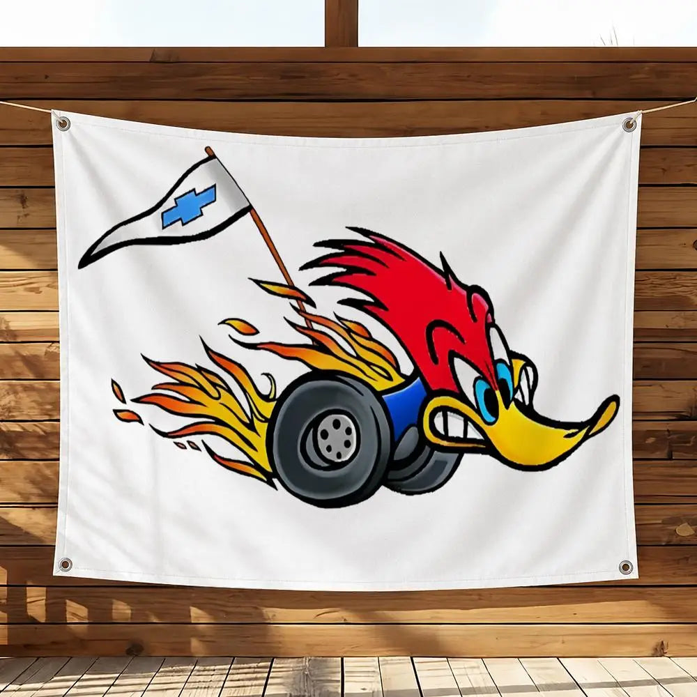 A graphic illustration of a red and yellow dragon head with flames, holding a flag featuring a blue cross on a white backgrou
