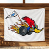 A graphic illustration of a red and yellow dragon head with flames, holding a flag featuring a blue cross on a white backgrou