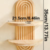 A set of geometric wooden wall shelves with a vertical design and circular base.