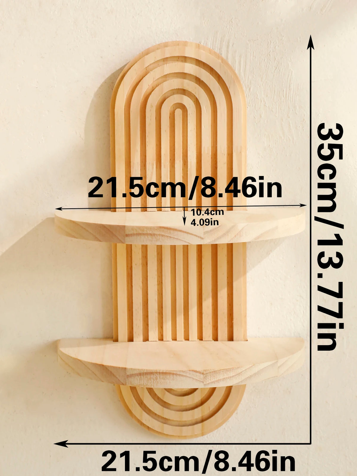 A set of geometric wooden wall shelves with a vertical design and circular base.