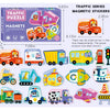 A collection of magnetic traffic series puzzle stickers featuring various vehicles like airplanes, trucks, buses, and trains.
