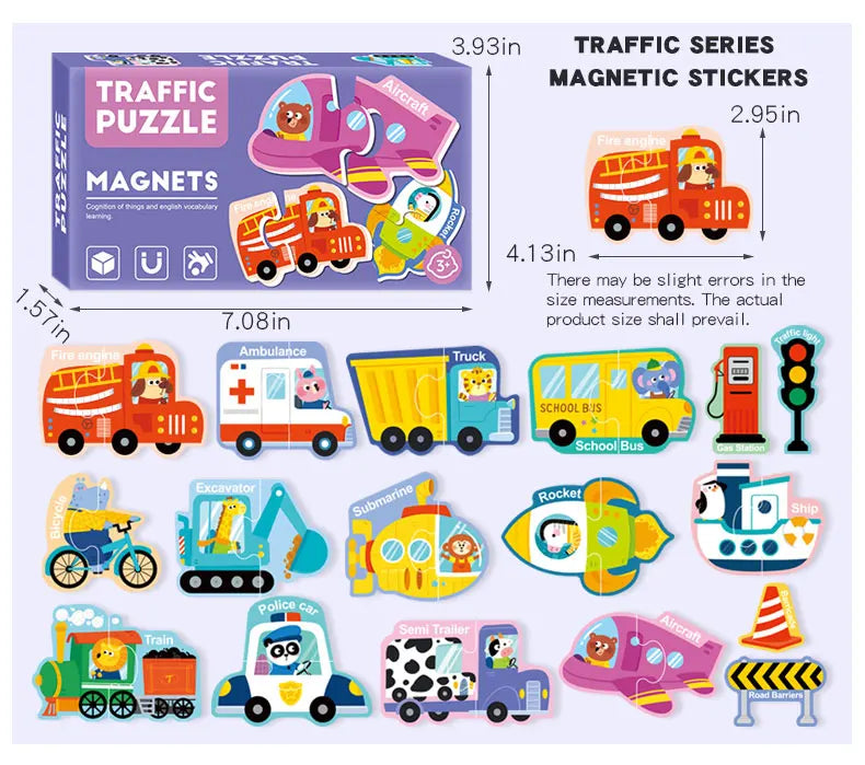 A collection of magnetic traffic series puzzle stickers featuring various vehicles like airplanes, trucks, buses, and trains.