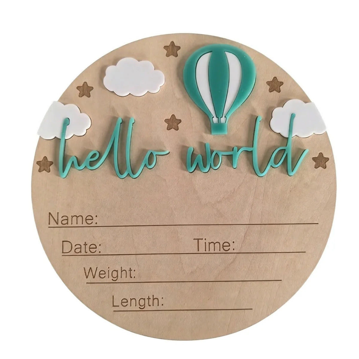 A natural wood birth announcement plaque featuring a teal hot air balloon, clouds, and the text hello world.