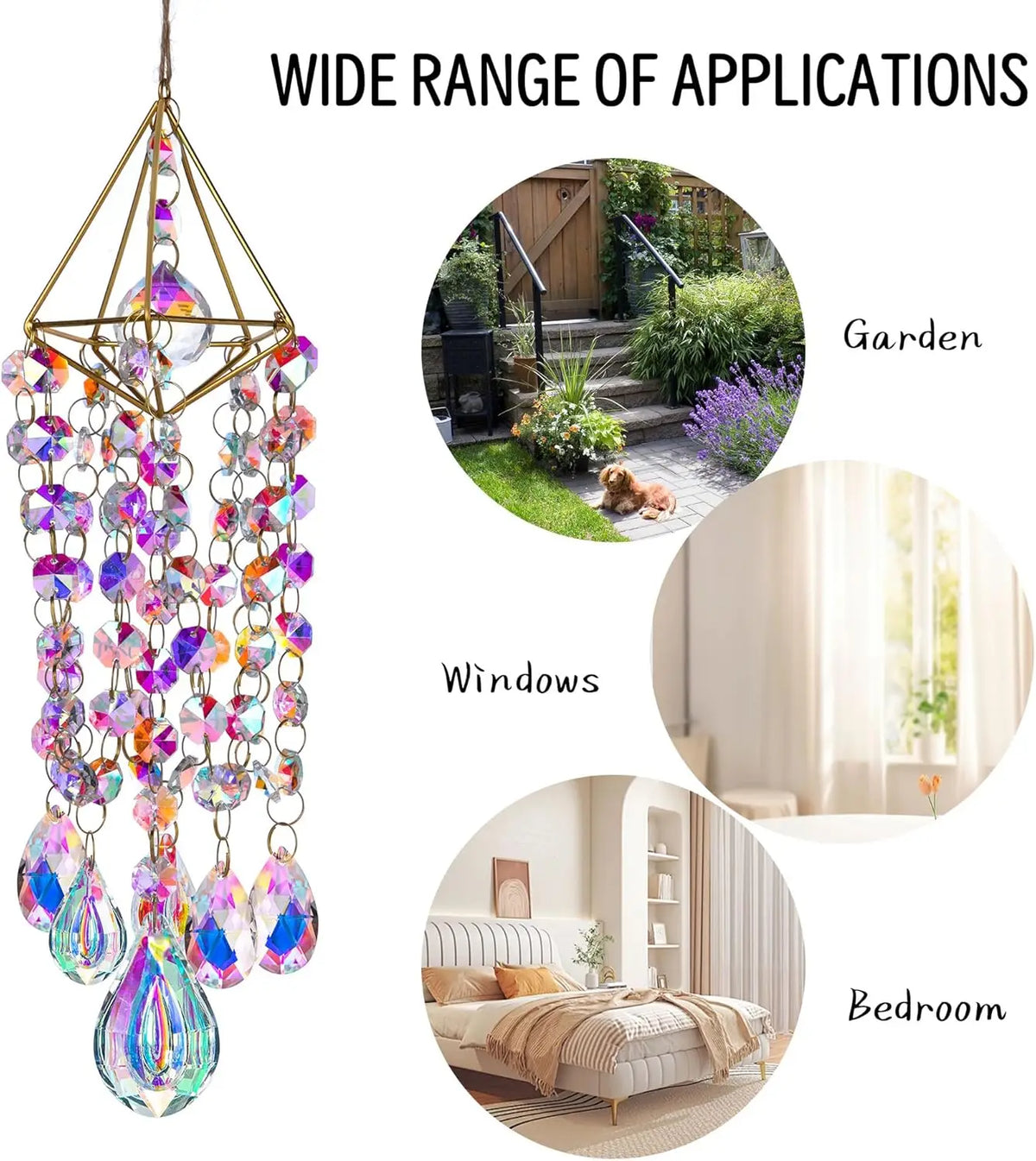 Crystal rainbow wind chime decor featuring colorful glass beads and charms used for garden, window, and bedroom decoration.