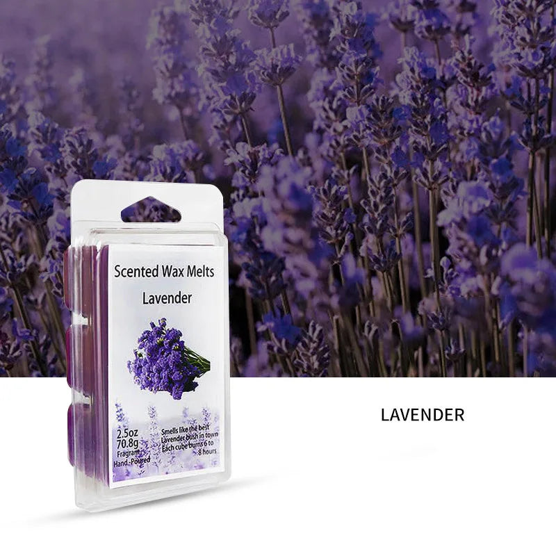 A clear package of lavender scented wax melts with a label and purple lavender flowers in the background.