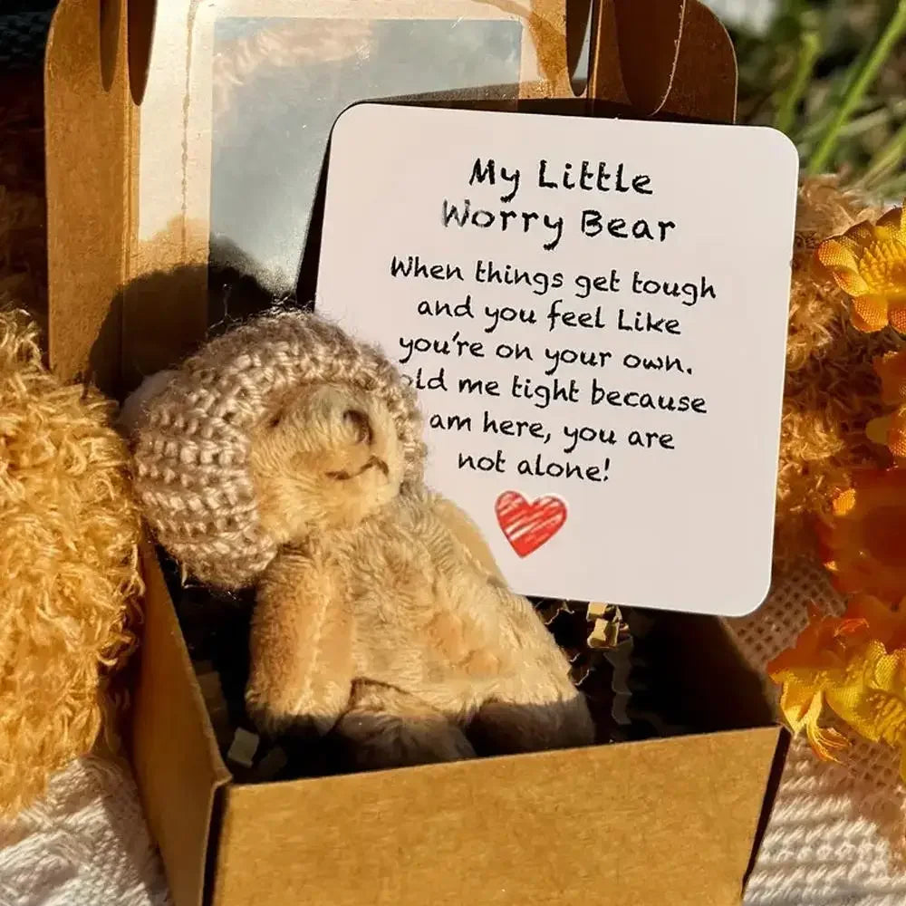 Un pequeño oso de peluche marrón está anidado en una caja con una tarjeta inspiradora que dice Mi Pequeño Oso Preocupado.