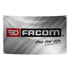 A brushed metal garage wall flag featuring the Facom logo and the text Pro for life.