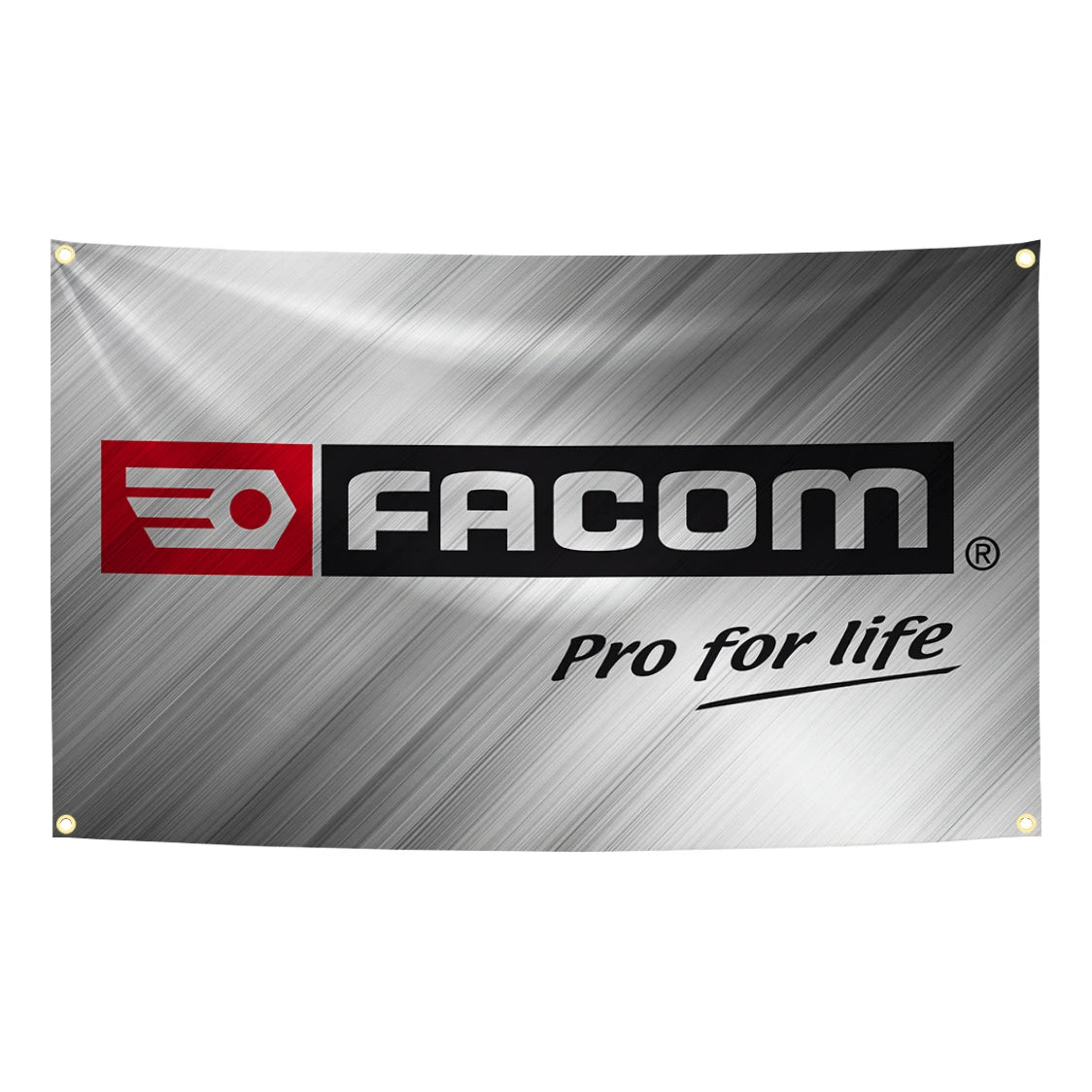 A brushed metal garage wall flag featuring the Facom logo and the text Pro for life.