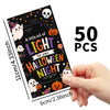 A pack of 50 Halloween glow stick holder cards featuring spooky characters and pumpkins.