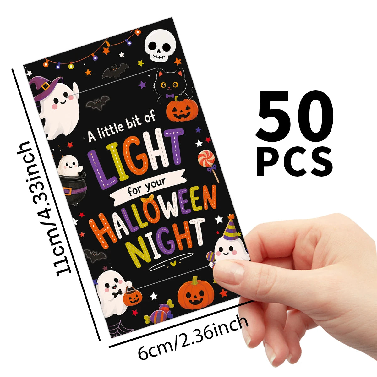 A pack of 50 Halloween glow stick holder cards featuring spooky characters and pumpkins.